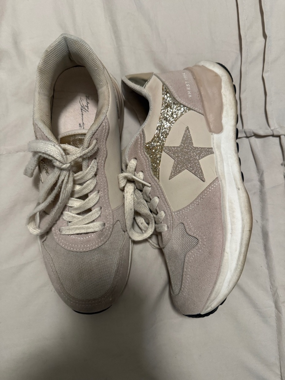 Vintage Havana Blush Pink Suede Star Sneakers with Gold Glitter Heel
